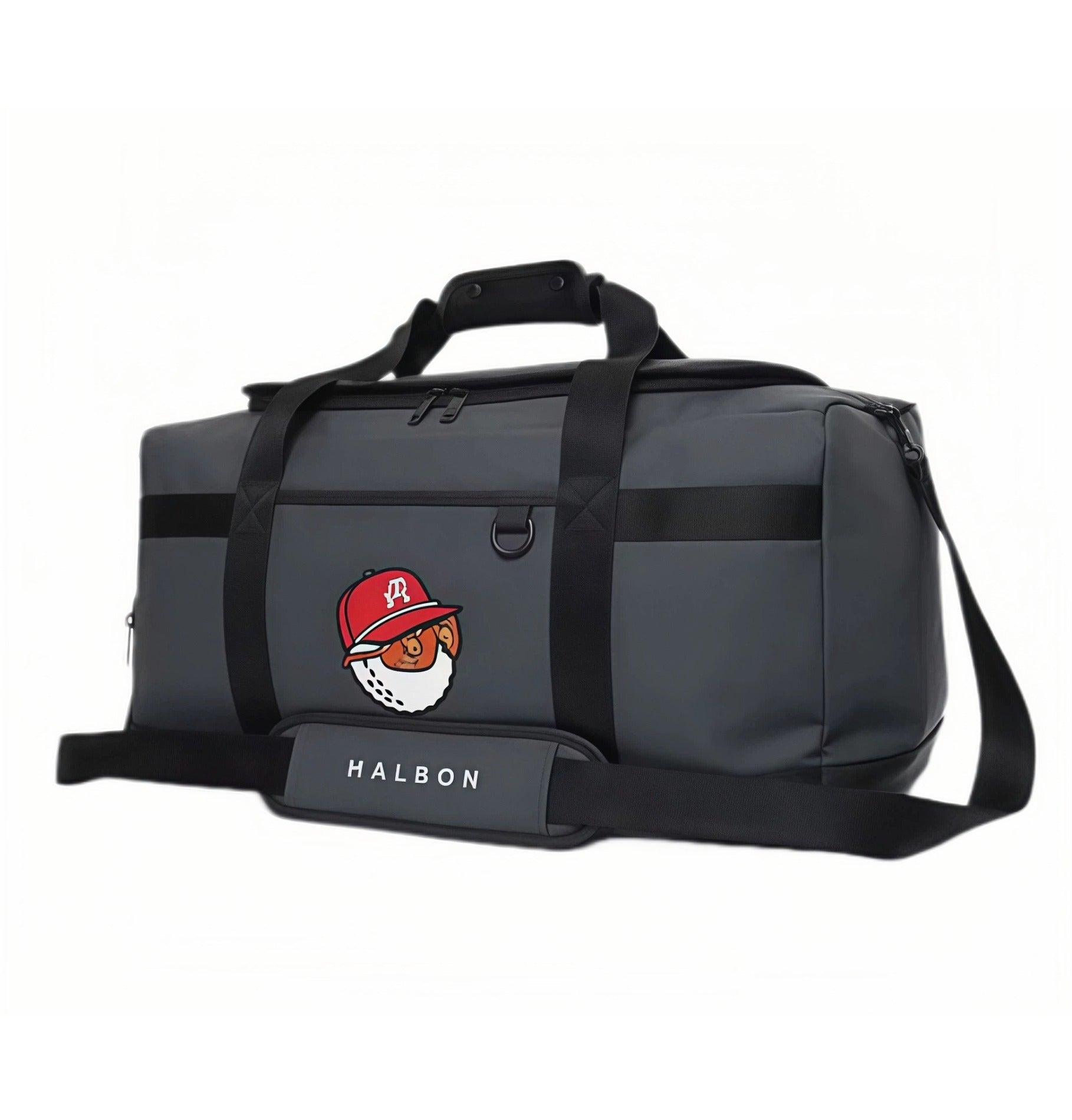 Front view of Malbon Golf "Buckets" duffle bag in dark gray with black accents, featuring animated golf ball character and "HALBON" text on bottom panel