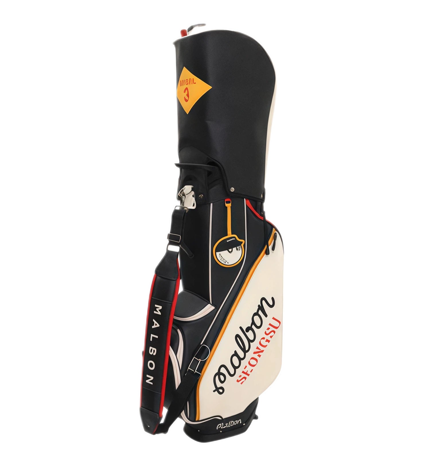 Back view of Malbon Golf caddie bag showcasing "Malbon Seongsu" script logo in black and red, vertical "MALBON" lettering on the shoulder strap, and sleek professional design.