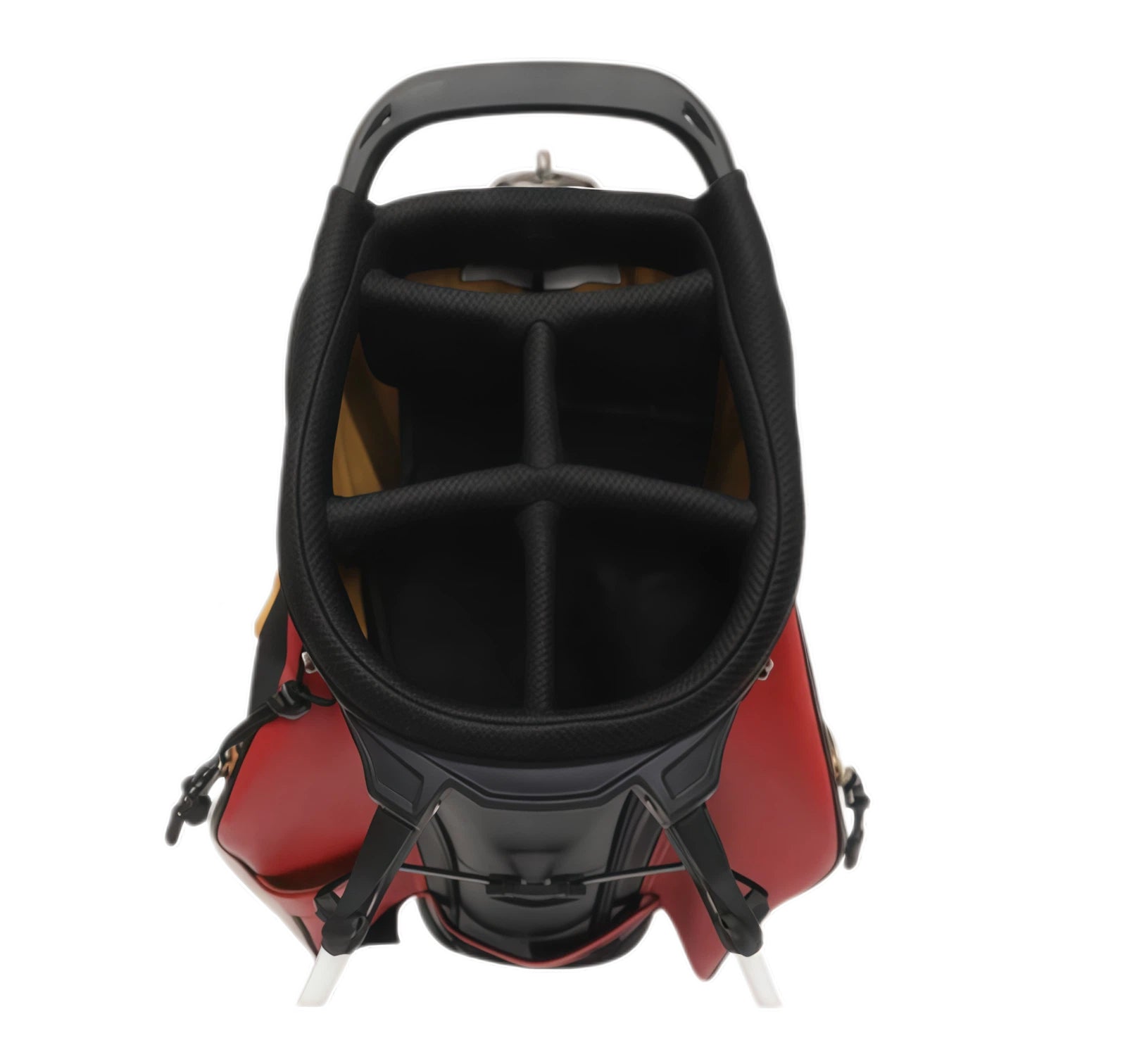 Top-down view of Malbon Golf caddie bag interior revealing padded club dividers, black mesh lining, and organized layout for secure storage of up to 14 golf clubs.