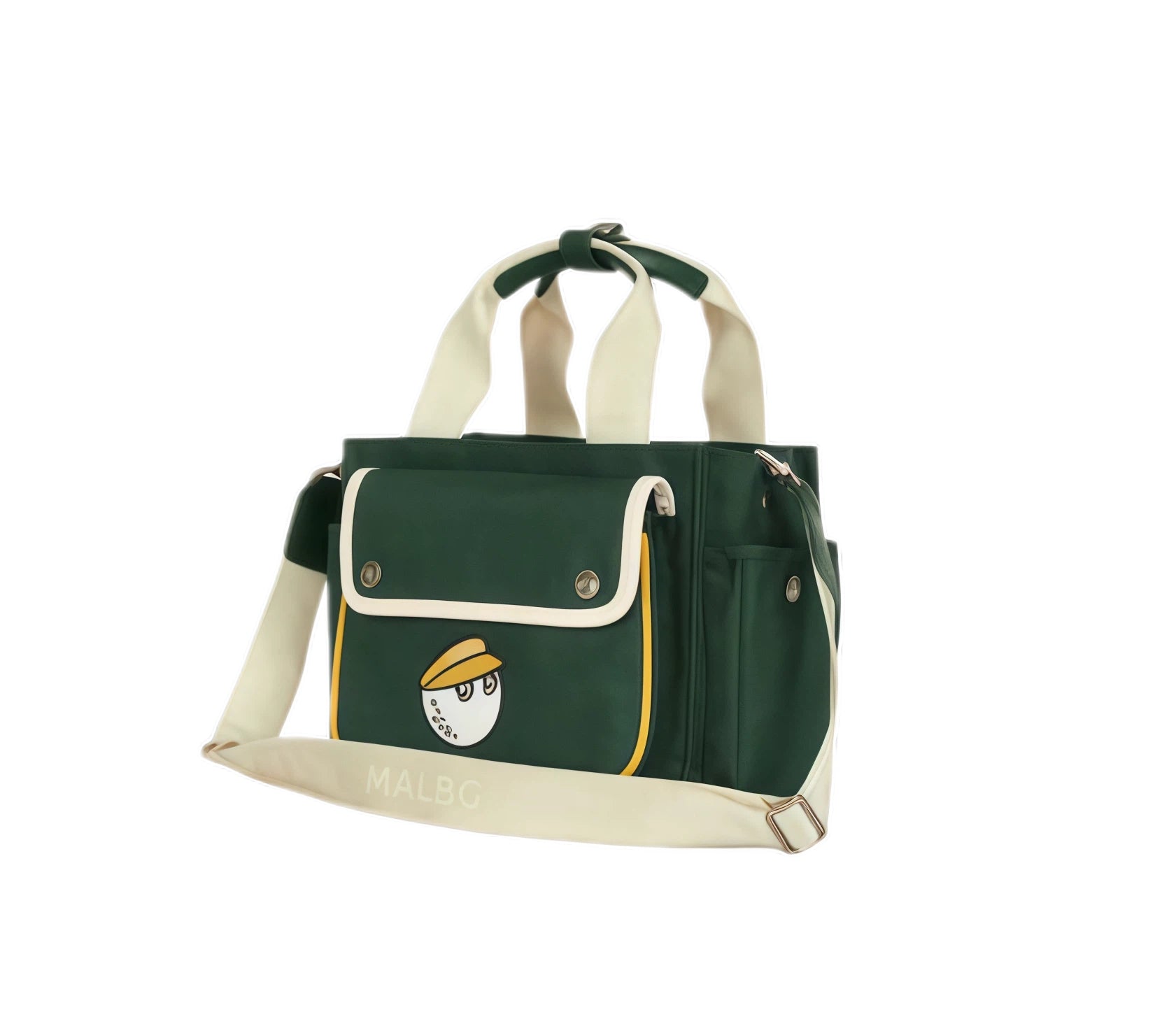 Green Malbon golf crossbody bag featuring a playful cartoon golf ball character wearing a yellow cap, cream shoulder strap with "MALBG" print, and dual top handles.