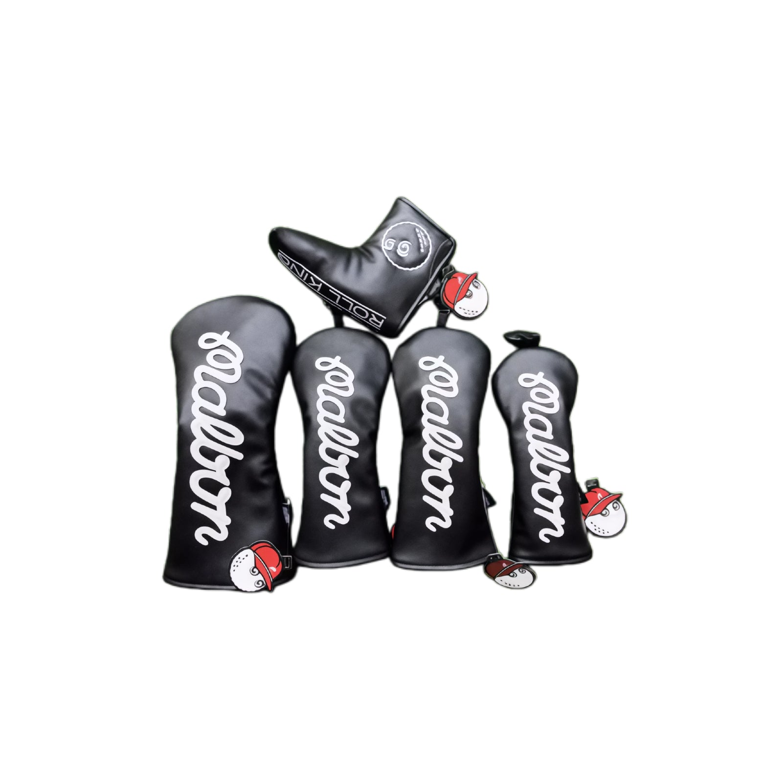 Black Malbon golf driver headcover set including a unique boot-shaped putter cover and multiple cartoon golf ball charms, offering comprehensive protection for your entire wood and putter collection with a distinctive and fashionable design.