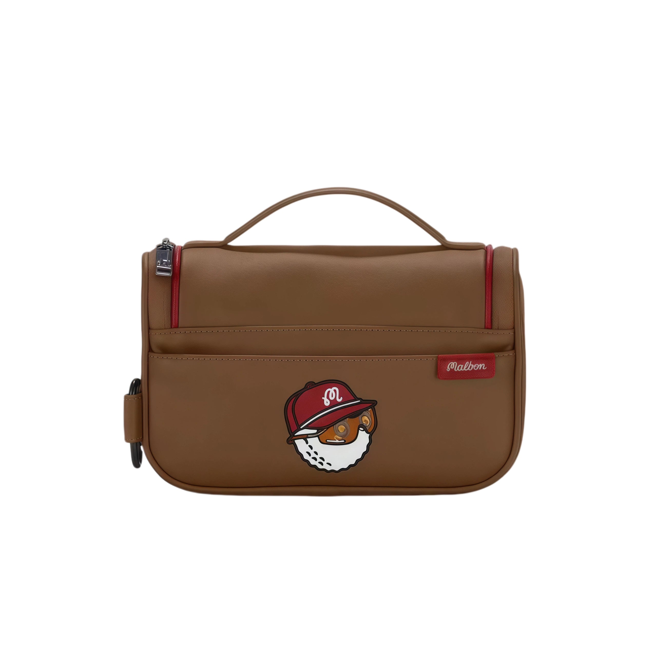 Front view of brown Malbon golf handbag showcasing a playful cartoon golf ball wearing a red cap with "M" logo, red zipper trim, and small brand tag, ideal for compact golf essentials.