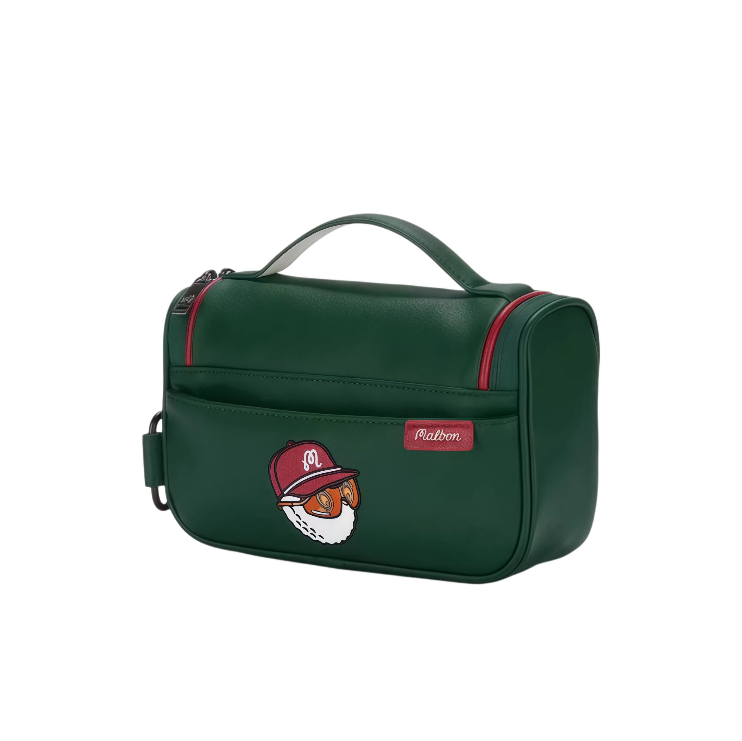 Dark green Malbon golf handbag with fun cartoon golf ball face wearing red cap and orange goggles, red zipper accents, and durable leather-like material for travel or golf use.