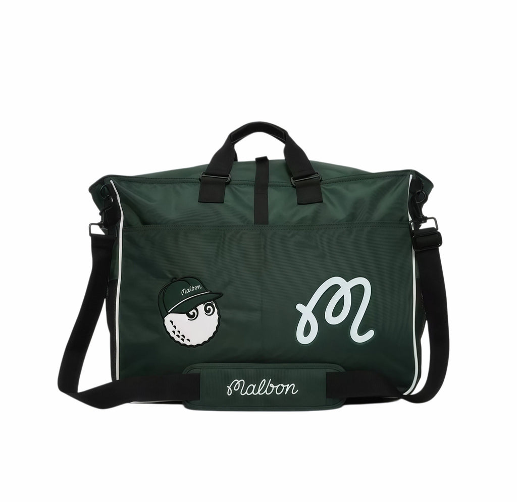 Full side view of Malbon Golf Heritage duffel bag in forest green featuring green baseball cap-wearing golf ball mascot, light gray script "M", and durable black straps