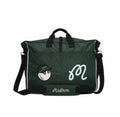 Full side view of Malbon Golf Heritage duffel bag in forest green featuring green baseball cap-wearing golf ball mascot, light gray script "M", and durable black straps