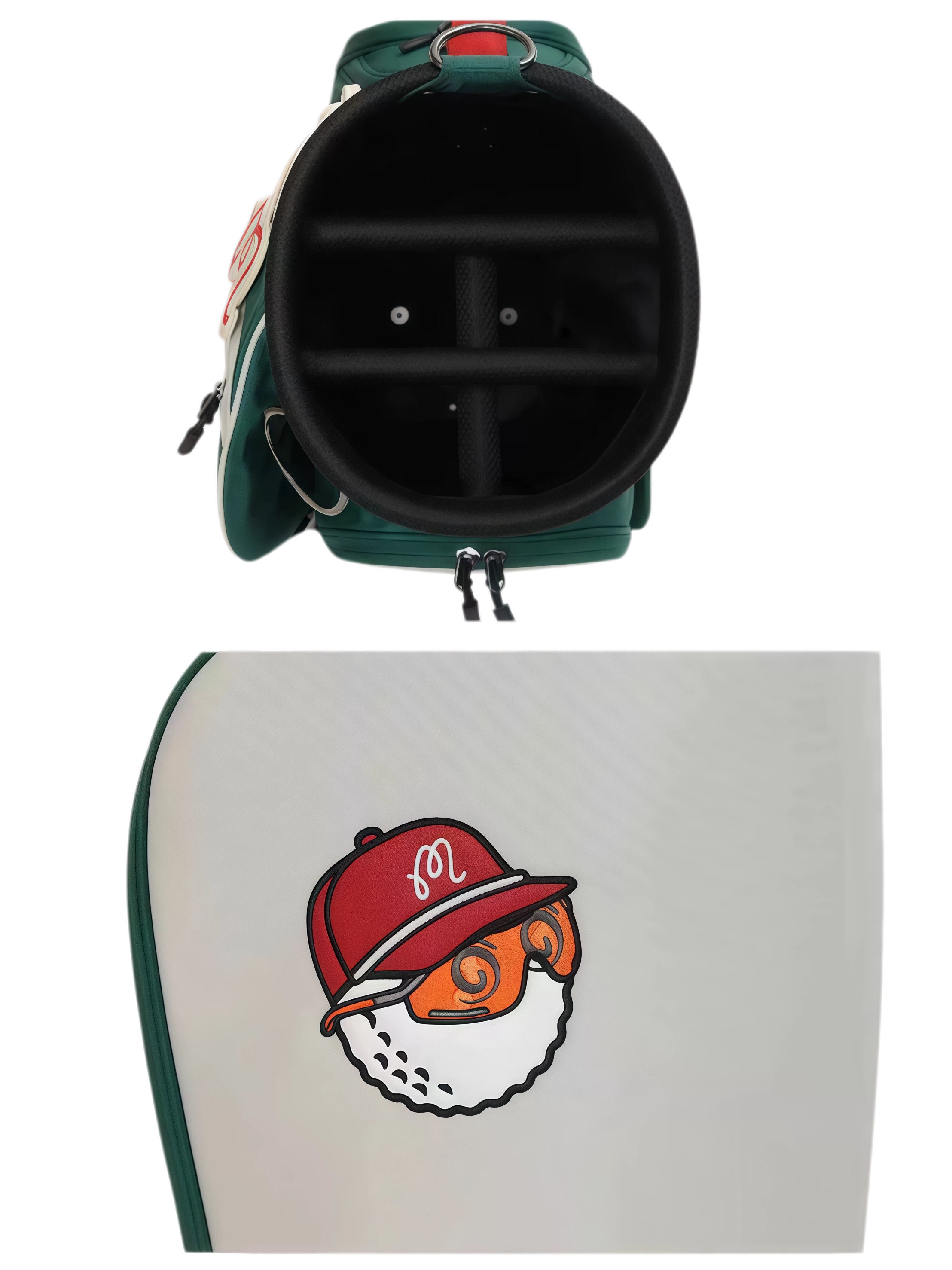 Top-down view of Malbon Golf Heritage bag interior showing organized club dividers and close-up of cartoon golf ball mascot wearing red cap with “M” logo