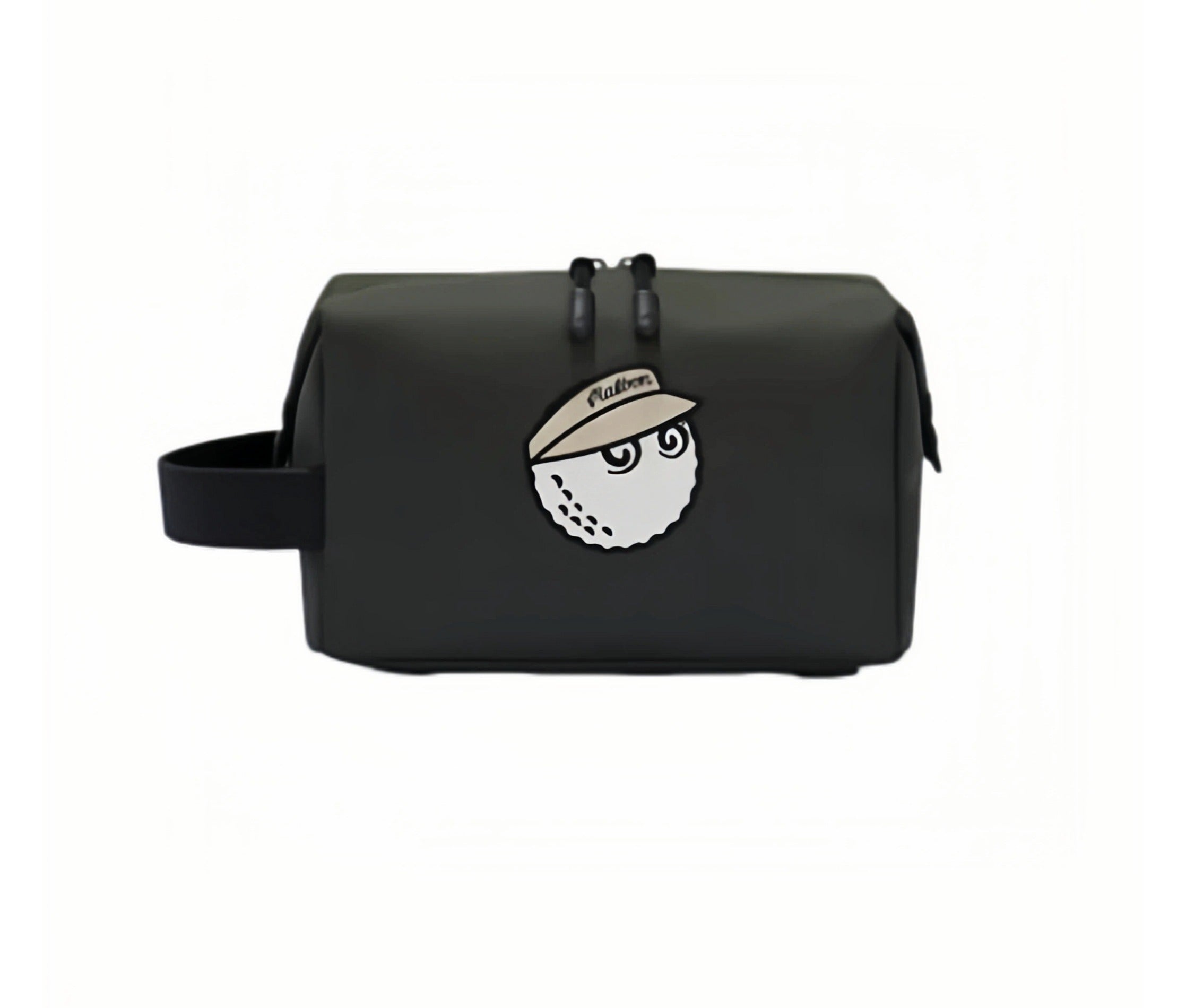 Front view of Malbon Golf mini handbag in dark green PU leather featuring embroidered golf ball mascot wearing beige cap with "Malbon" text, dual black zip pulls, and detachable wrist strap