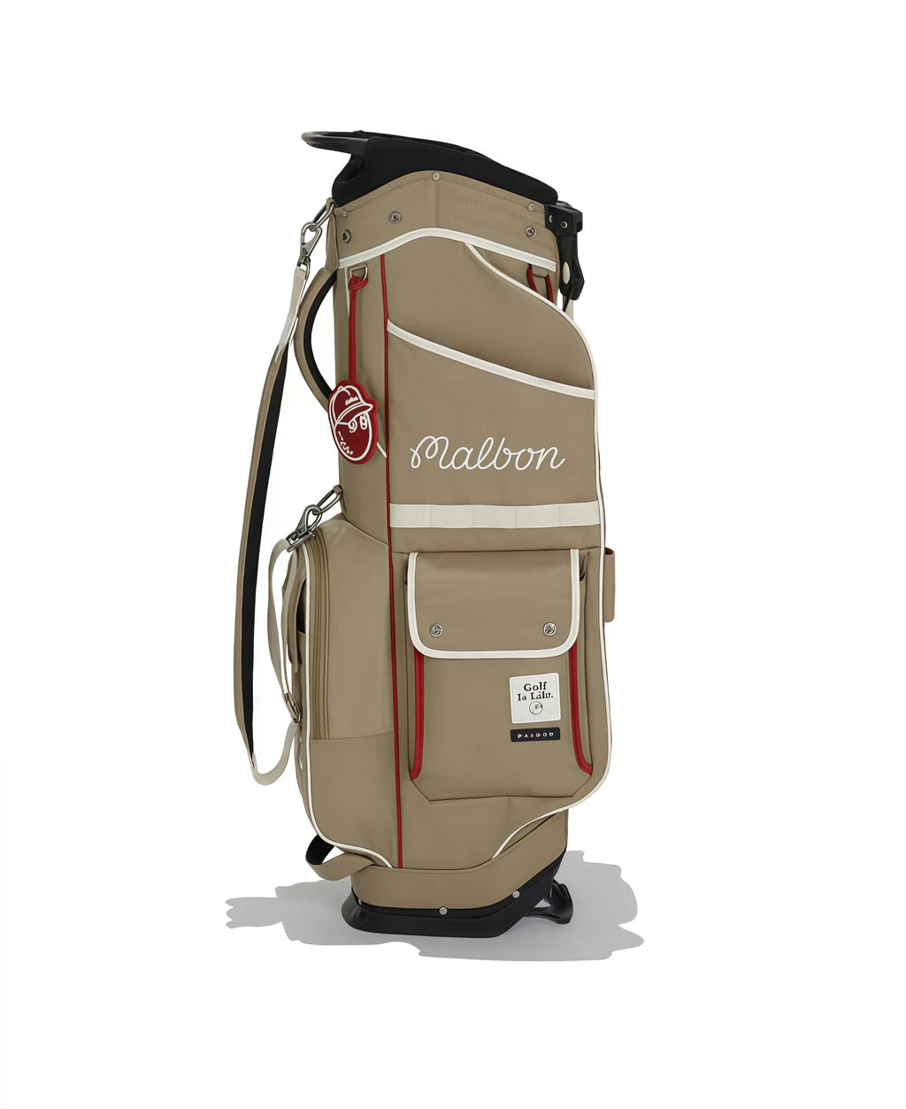 Front view of Malbon Golf summer stand bag in beige featuring cursive "Malbon" logo, zippered pockets, red trim details, and "Golf Is Life" badge.