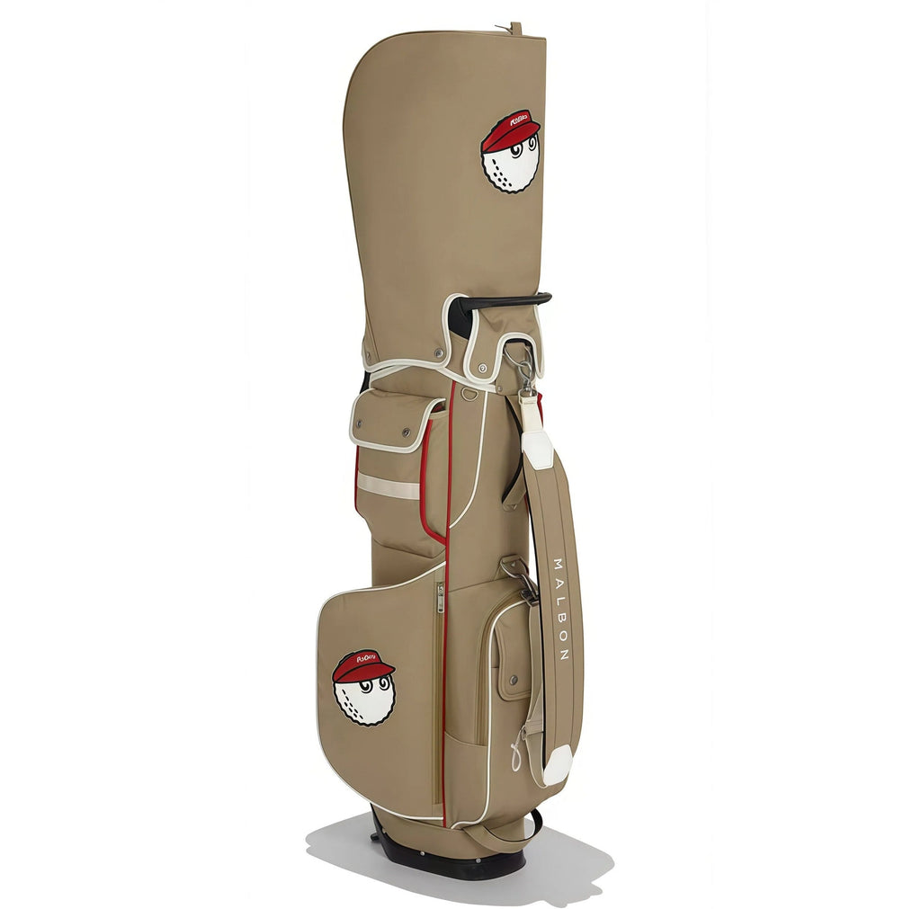 Front view of Malbon Golf new summer stand bag in beige with red piping, featuring cartoon golf ball character patch, "Golf Is Life" label, and premium PU leather finish.