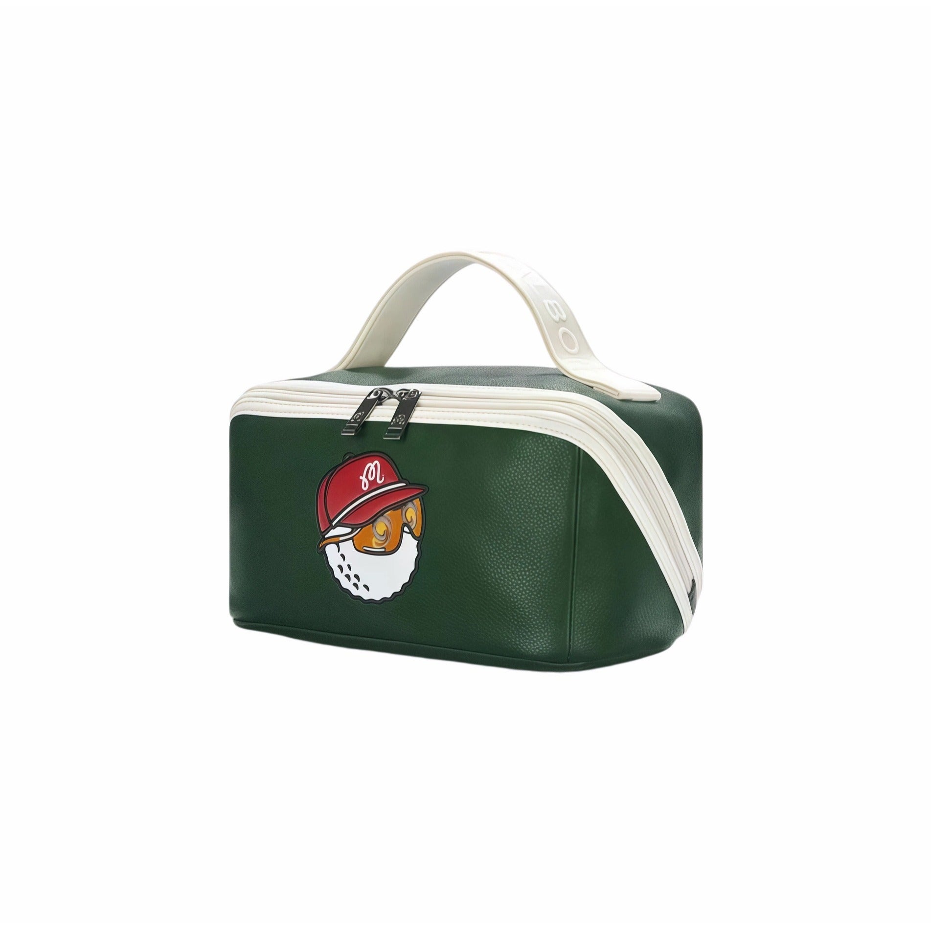 Full view of Malbon Golf performance pouch in forest green with white trim, featuring embroidered "Buckets" mascot wearing red cap and sunglasses, dual zippers, and top carry handle