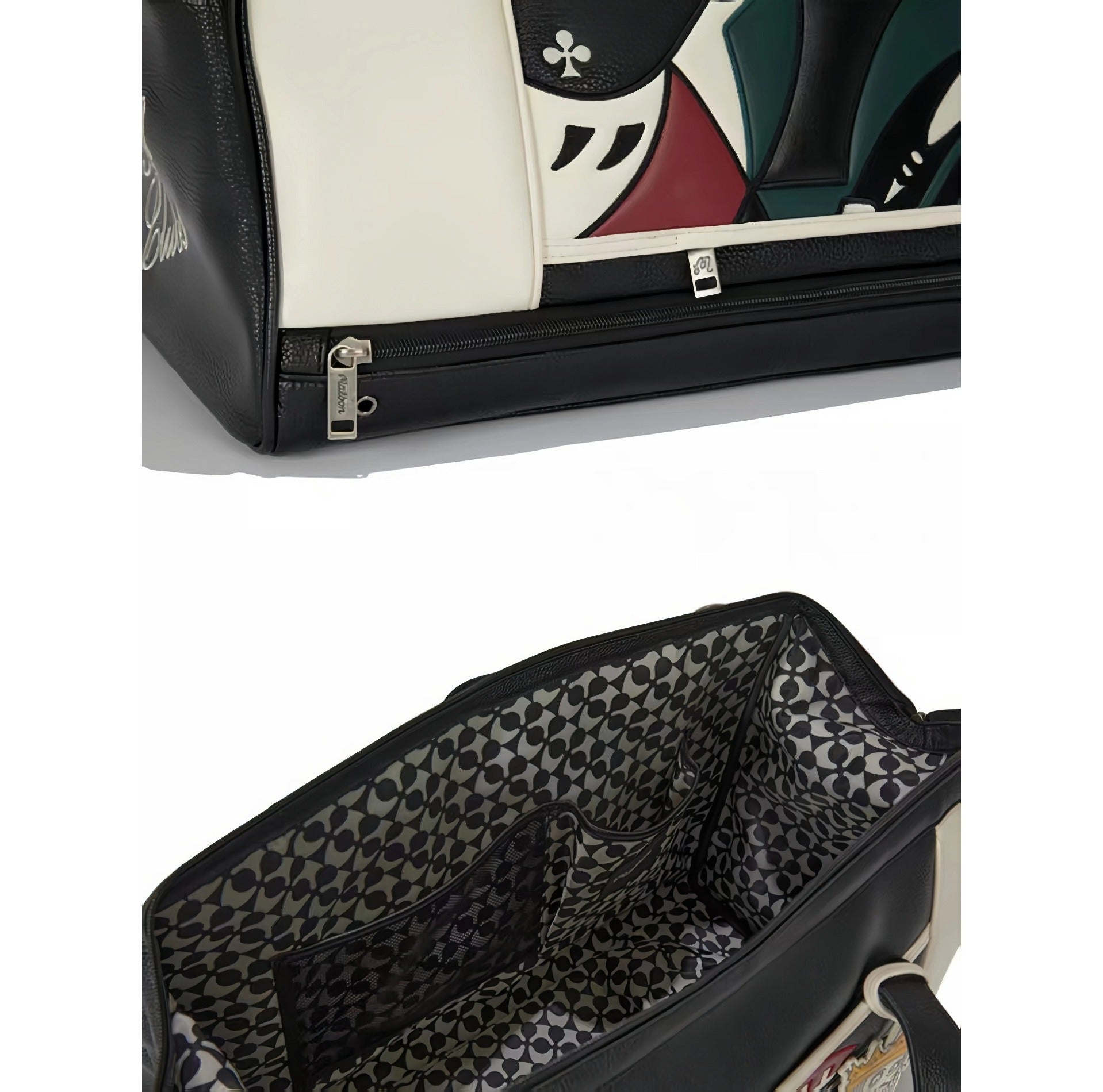 Close-up of Malbon Golf Poker King duffle bag showing silver YKK zipper with "Malbon" branded pull tab, and interior featuring black and white geometric pattern lining with mesh pockets