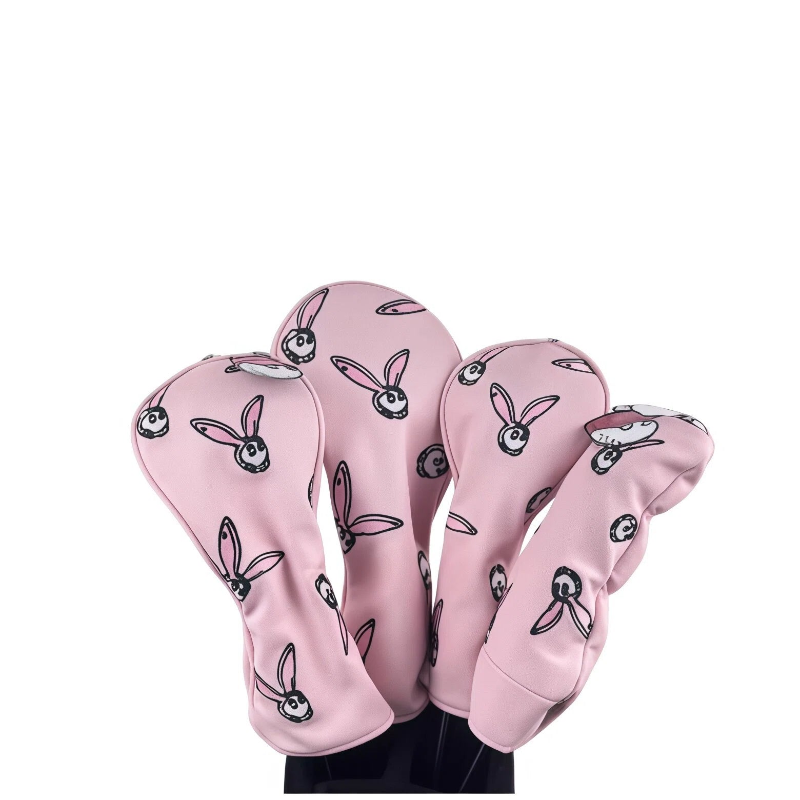 Soft pink Malbon Golf headcover set featuring cartoon bunny faces in a playful pattern — perfect for women, kids, or anyone who loves fun, feminine golf accessories with premium protection.