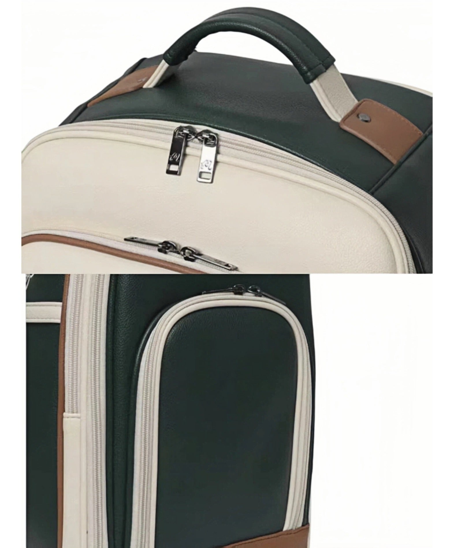 Detailed close-up of Malbon Golf trolley bag’s top dual-zipper closure with metal pulls and side zippered pocket, showcasing premium PU leather construction

