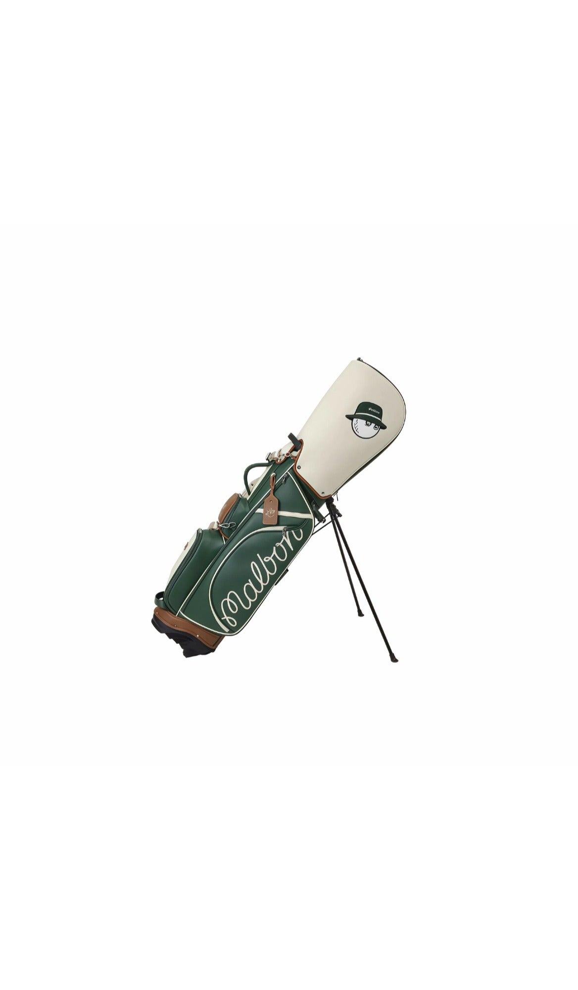 Green and white Malbon golf stand bag with its stand extended, demonstrating its stability and spacious design, complete with the charming cartoon mascot, making it a practical and stylish choice for golfers.