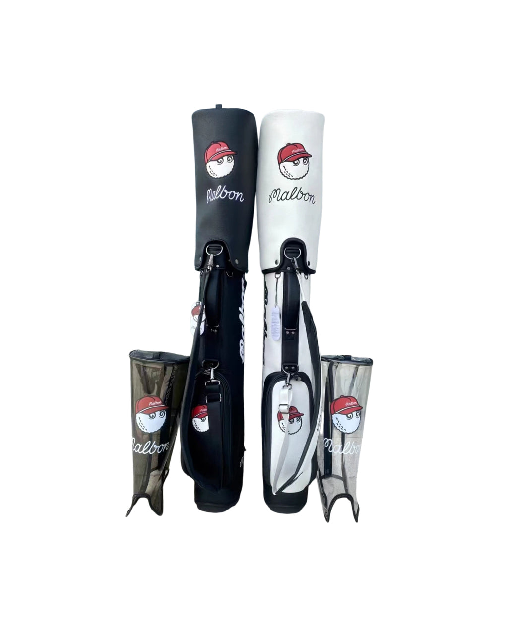Top-down perspective of black and white Malbon Golf Stand Bags, featuring the iconic red-capped golf ball character logo on the hood, waterproof PU material, and dual hat holders with clear protective covers.