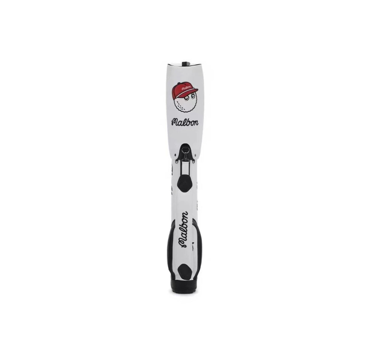 Front view of the white Malbon Golf Stand Bag, emphasizing its sleek design, waterproof PU material, and the playful red-capped golf ball character logo on the hood.