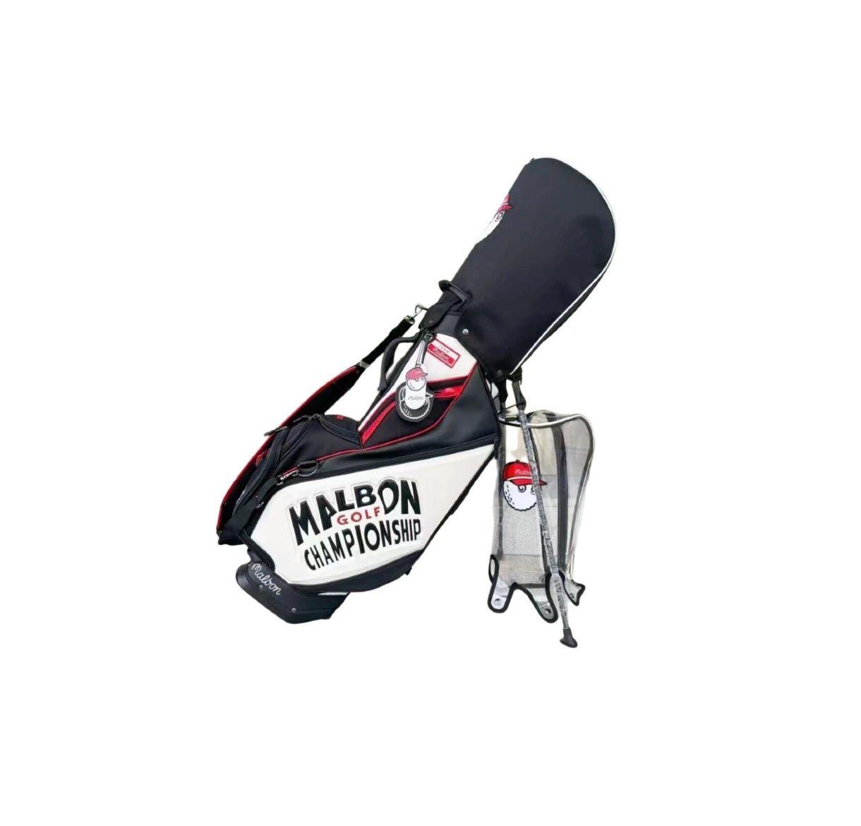  Angled view of the Malbon Golf Stand Bag in Black, White, and Red, highlighting the stand legs, dual straps, and Malbon mascot zipper pull charm.