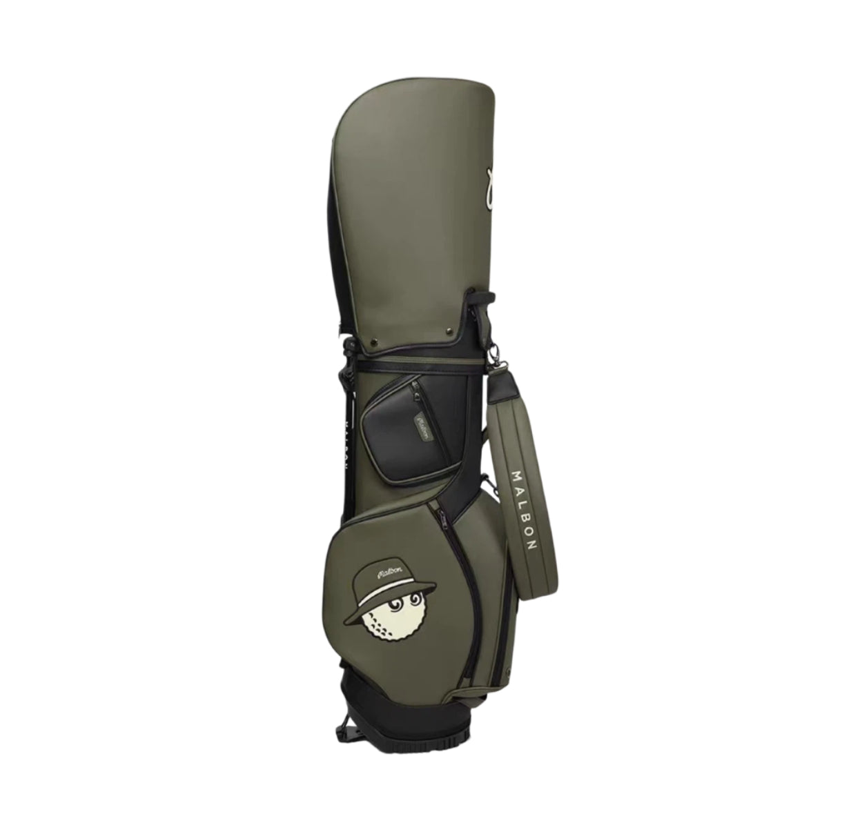 Olive green Malbon golf stand bag featuring waterproof PU leather, cartoon golf ball with hat design, multiple pockets, and shoulder strap for men and women.