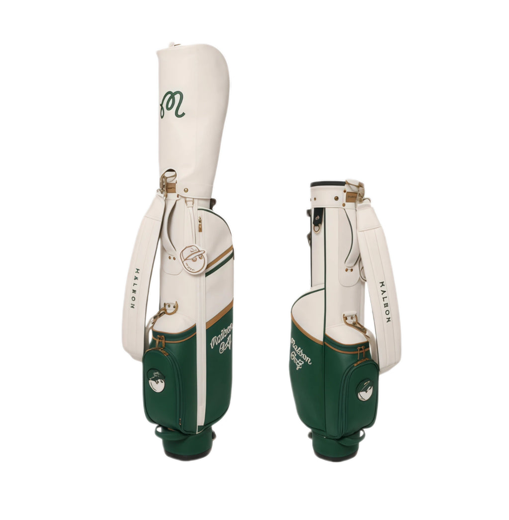 Side-by-side front and back views of the Malbon Golf "Amongst the Cypress" stand bag showing full branding, dual-tone design, multiple pockets, and premium PU leather construction.

