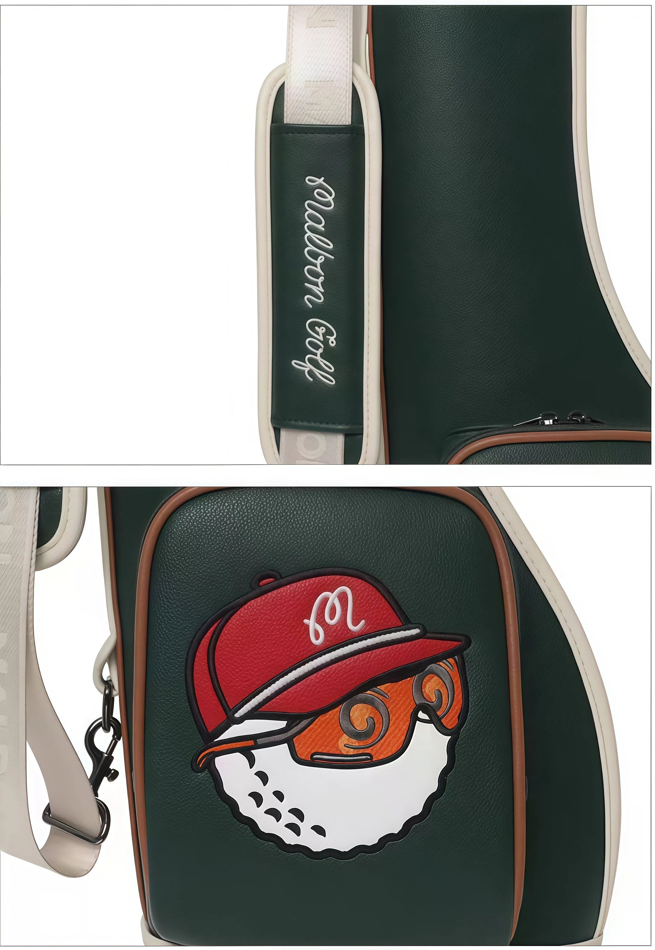Close-up of Malbon Golf Sunday stand bag highlighting cursive "Malbon Golf" script branding and breathable perforated shoulder pad for enhanced comfort during carry.