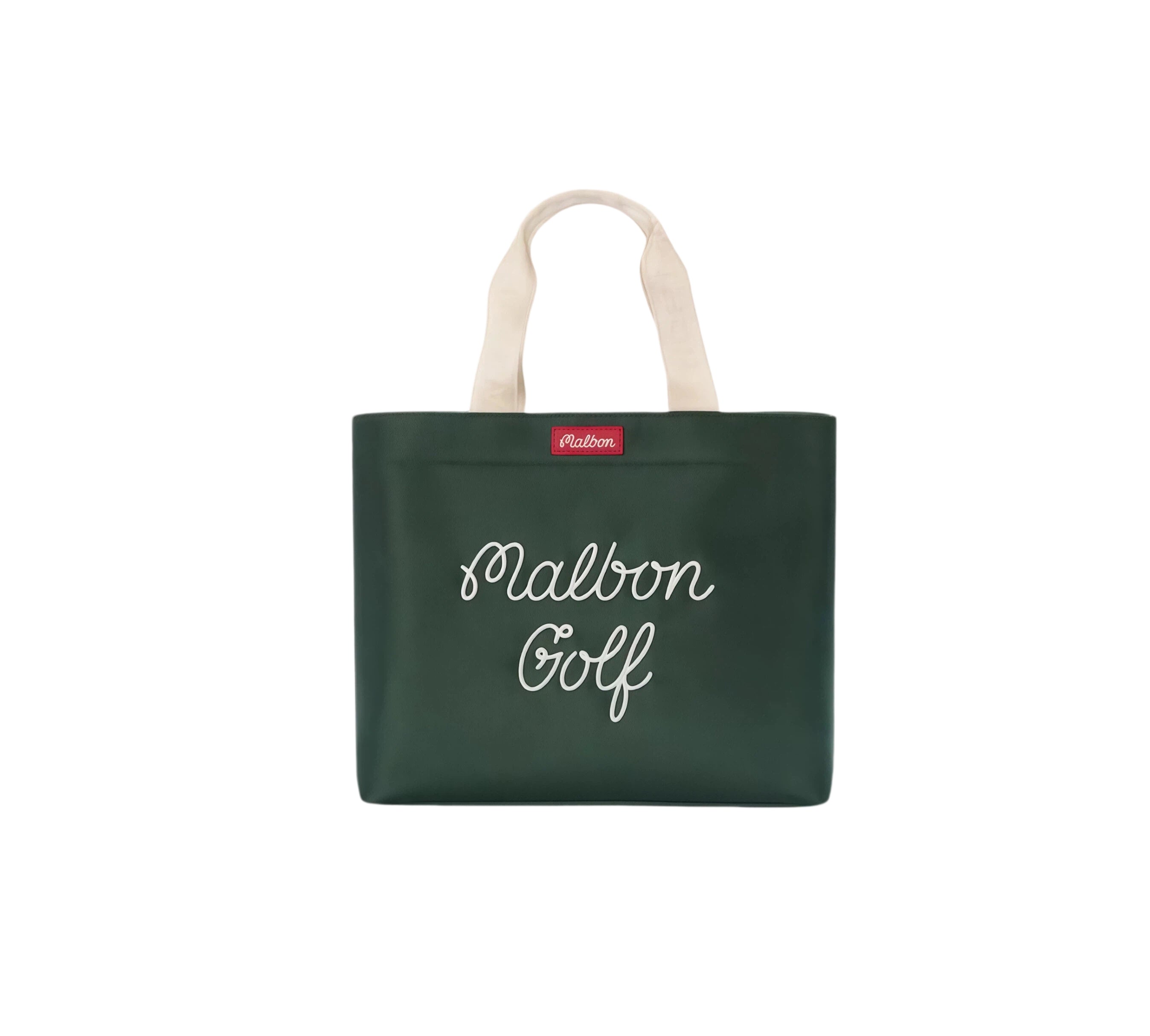 Front view of dark green Malbon Golf canvas tote bag with white cursive "Malbon Golf" branding and red brand tag, perfect for golf lovers and everyday use.