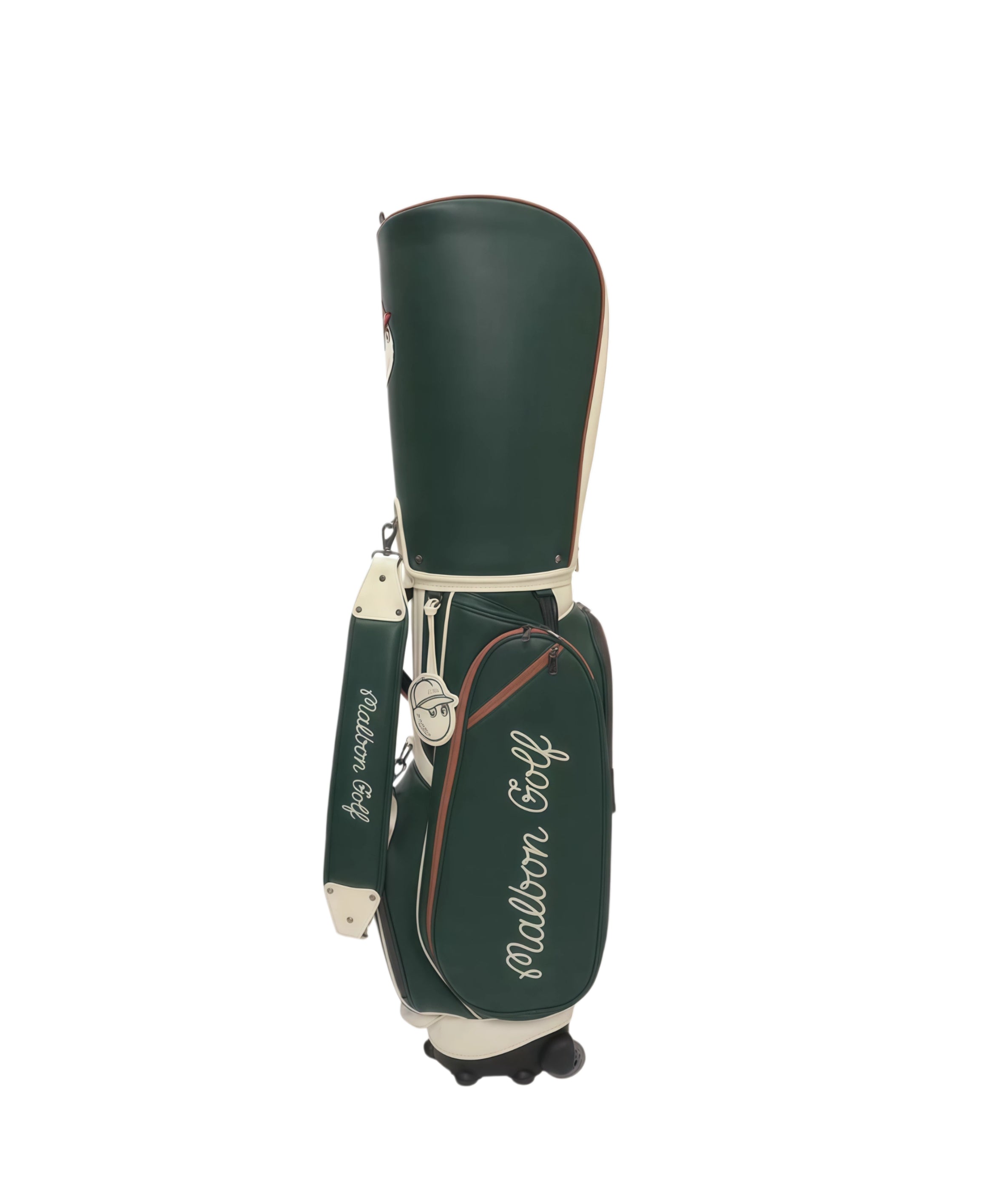 Front-facing angle of Malbon Golf wheeled caddie bag highlighting premium branding, red accent stitching, and stylish cartoon golf ball emblem on the side pocket.