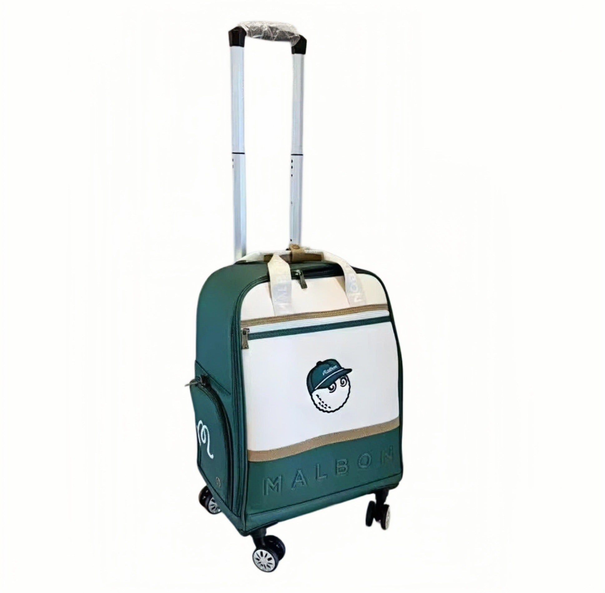 Front view of green Malbon Golf wheeled carry-on luggage featuring extended telescopic handle, white panel with cartoon golf ball mascot, and embossed "MALBON" branding