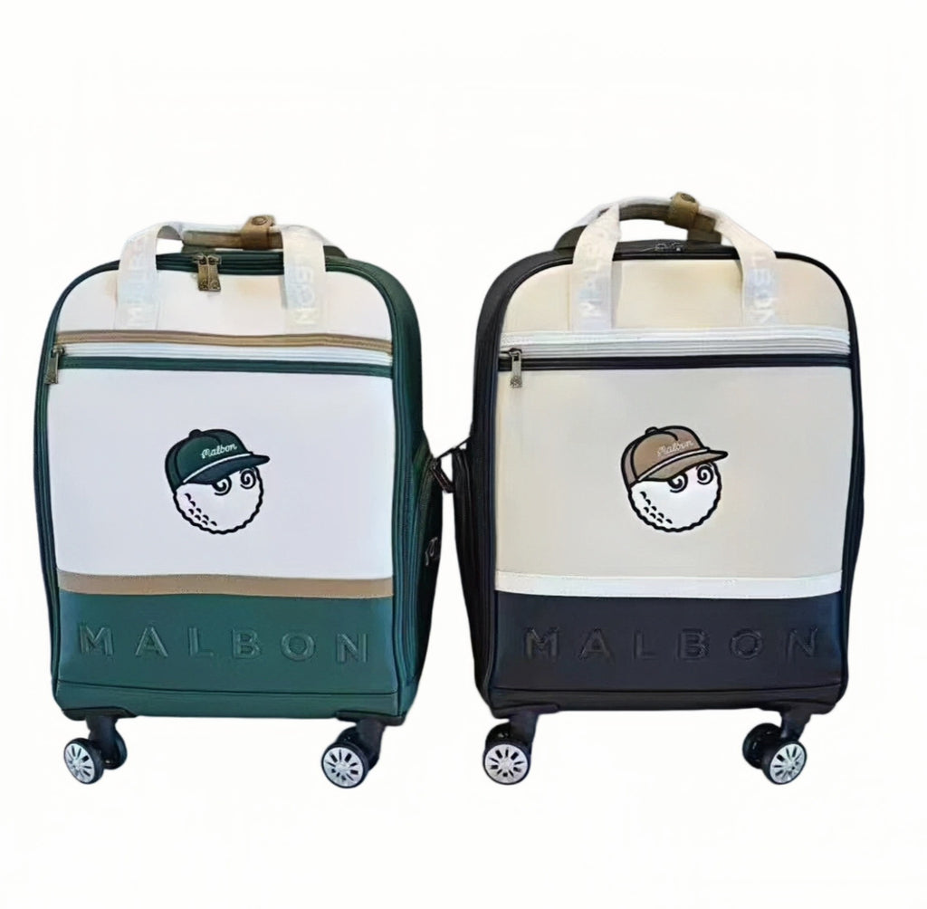 Side-by-side comparison of green and black Malbon Golf rolling luggage, both featuring white front panels, cartoon golf ball character wearing a cap, and embossed brand name