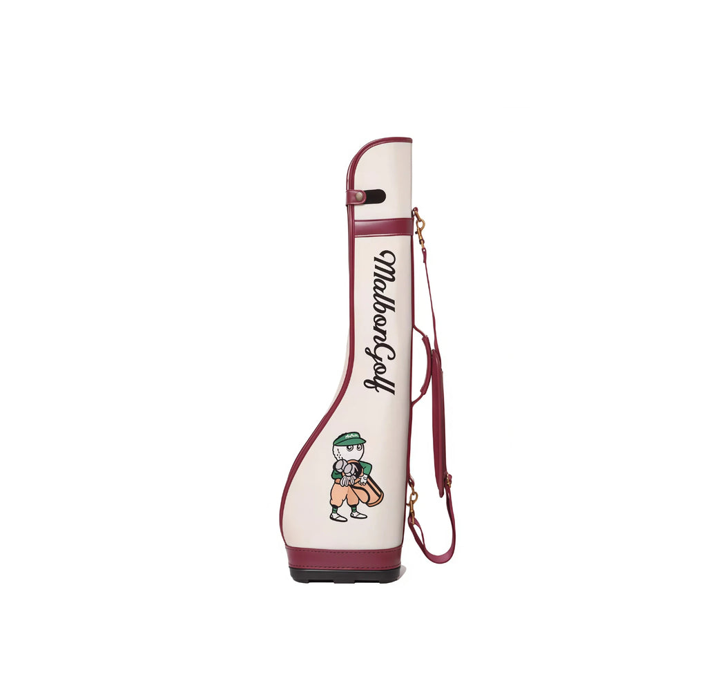 Malbon Lightweight Golf Sunday Bag in cream and red with cartoon caddy character and “Malbon Golf” script embroidery - magnetic closure, adjustable shoulder strap, and durable PU blend for stylish, portable club protection