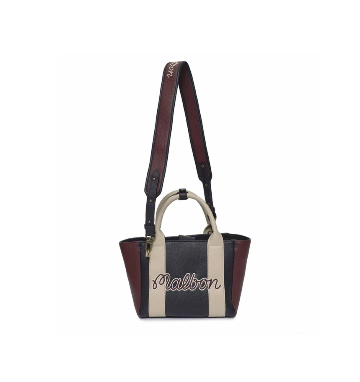 Front view of the Malbon clubhouse mini tote in black and burgundy featuring cursive "Malbon" embroidery on beige stripes. Stylish, compact design perfect for everyday carry.