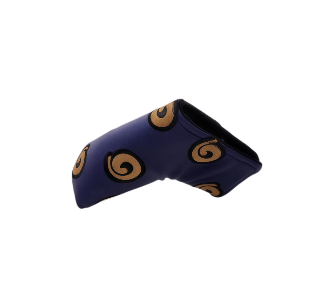 Malbon Purple Wizard Putter Headcover with tan swirl pattern, 3D embroidered wizard logo, magnetic closure, and soft inner lining for blade putter protection.