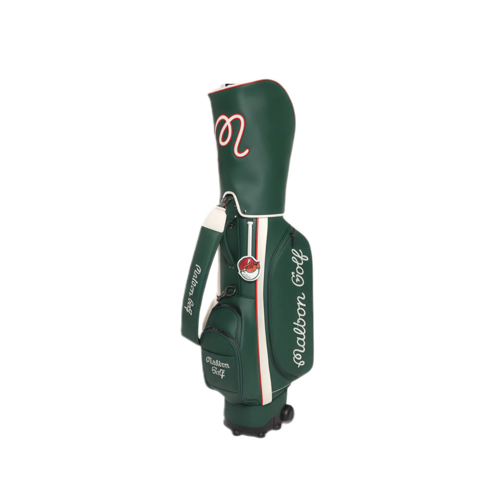 Malbon rolling golf caddy bag in green and white color combination, featuring waterproof PU leather, lightweight structure, and a red "M" logo, with wheels for effortless transport, ideal for unisex use.