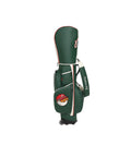 Green Malbon rolling golf caddy bag with a playful cartoon mascot wearing a red cap, featuring waterproof material, lightweight design, and wheels for convenient transport, suitable for both men and women.
