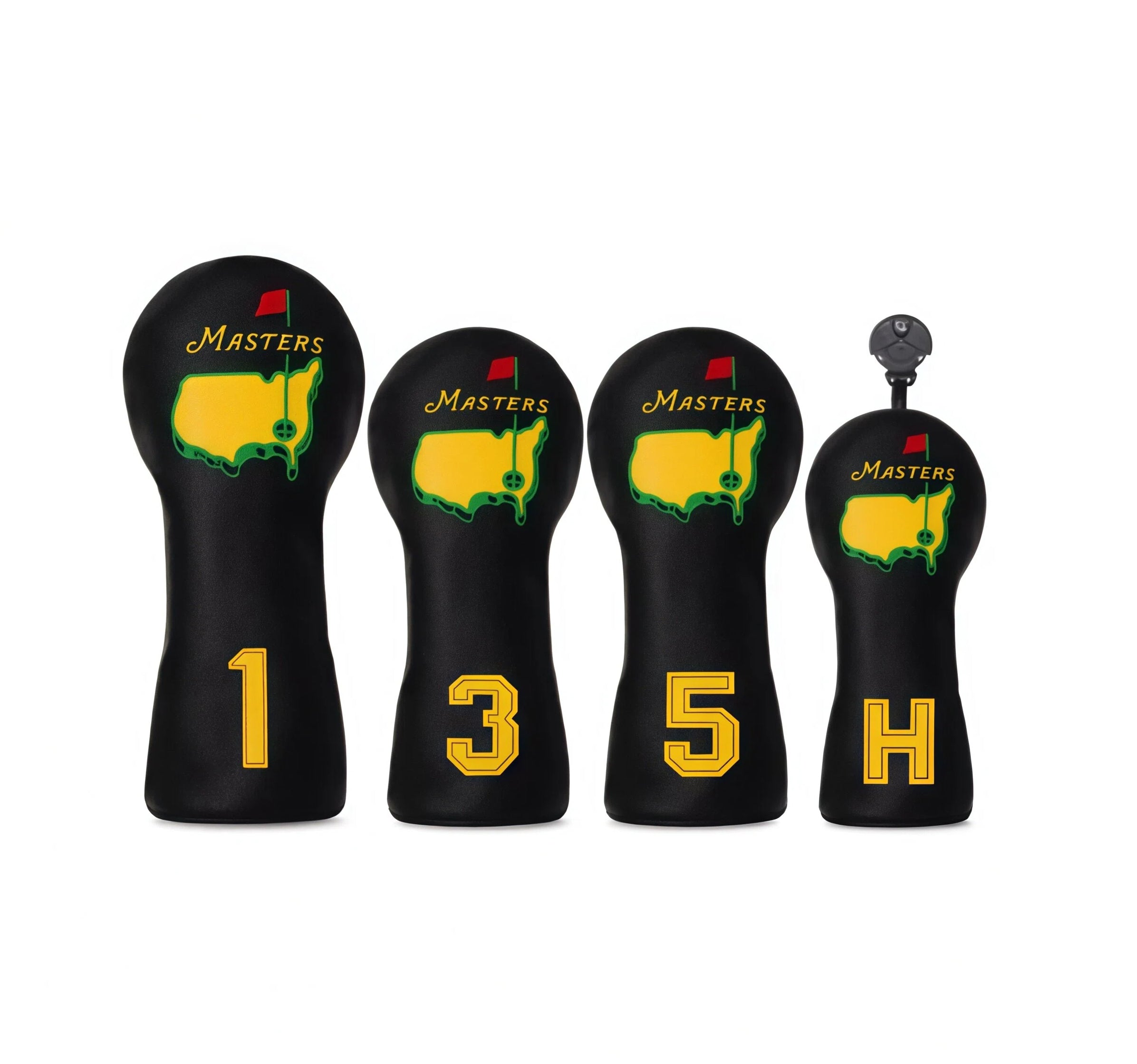 Masters Black Golf Headcover Set with yellow embroidered golf course map and "Masters" text, includes driver, fairway wood, hybrid, and putter covers, universal fit for golf clubs.
