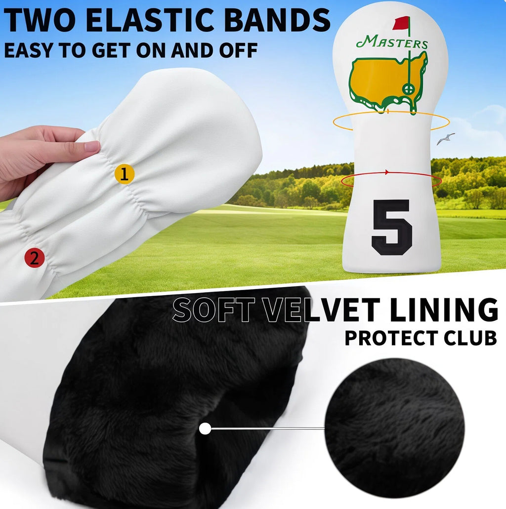 Features of Masters Golf Headcover including two elastic bands for easy on and off, soft velvet lining to protect club, and excellent embroidery process.