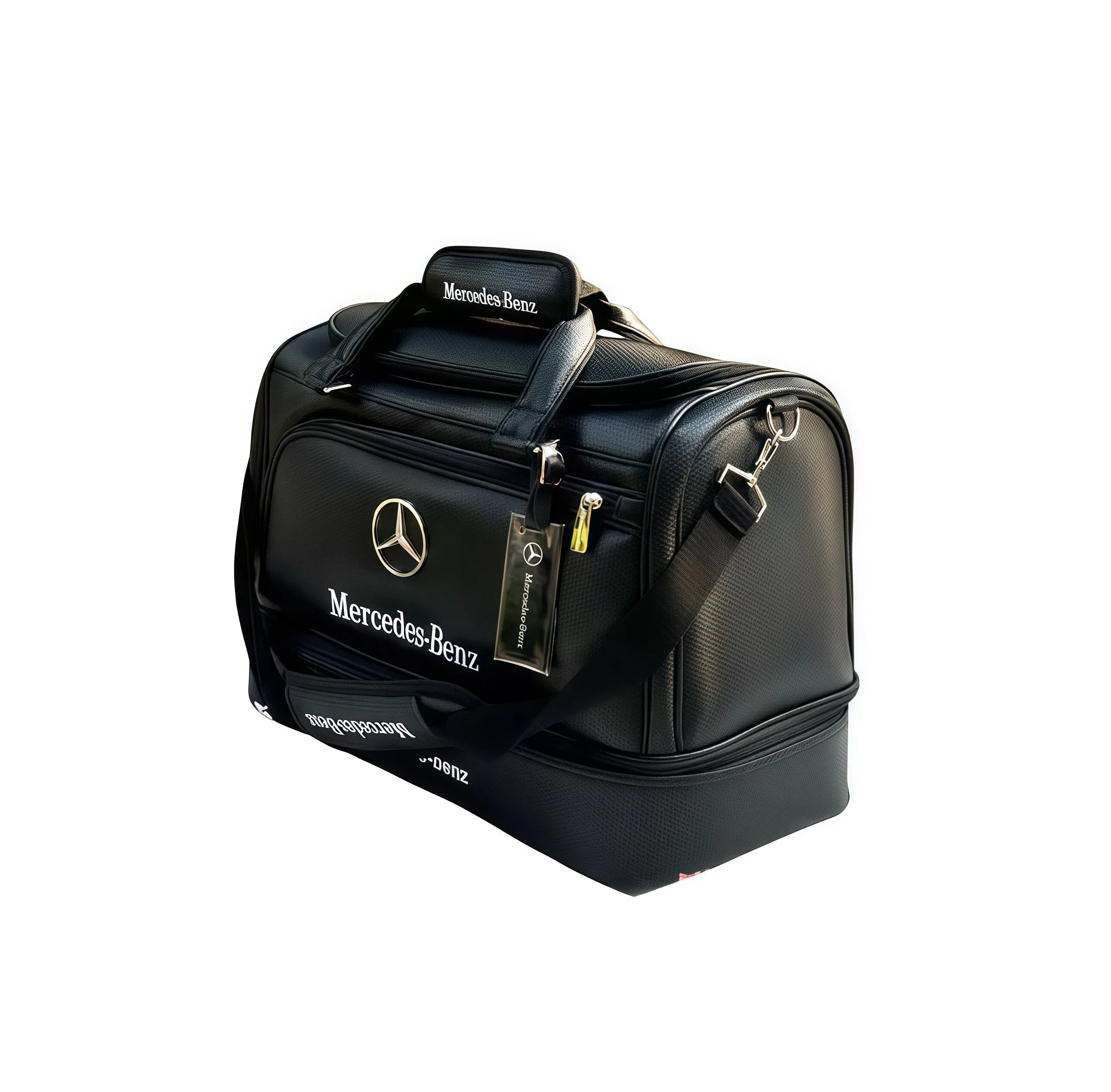 Angled side view of the Mercedes-Benz Carbon Fiber Texture Golf Boston Bag in black. Highlights the textured surface, chrome logo, branded tag, and ergonomic carry strap.