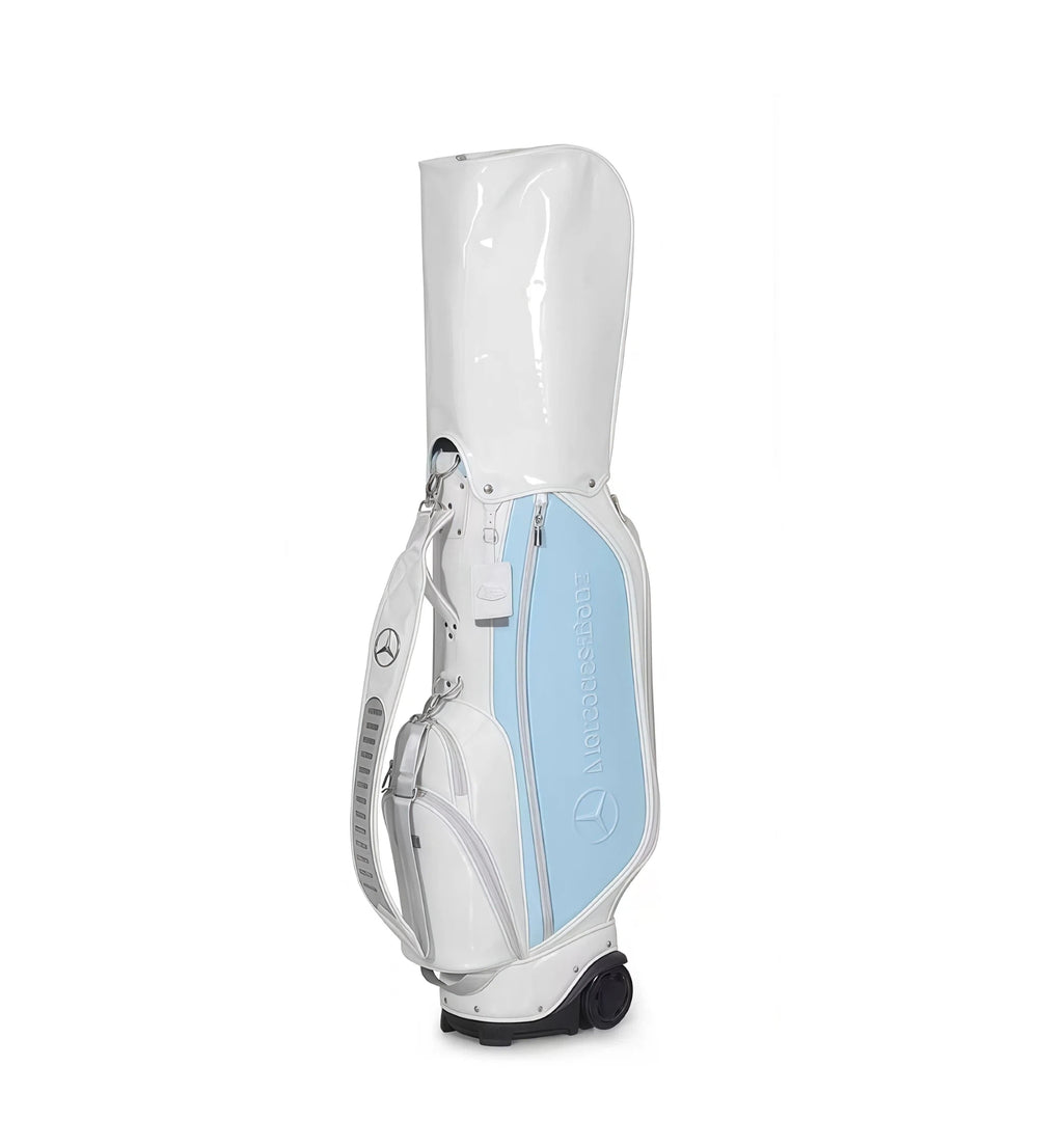 Front view of the Mercedes-Benz Golf Cart Bag standing upright, showcasing its sleek white and light blue design, Mercedes-Benz star logo, and internal club dividers. Ideal for golf carts or travel.