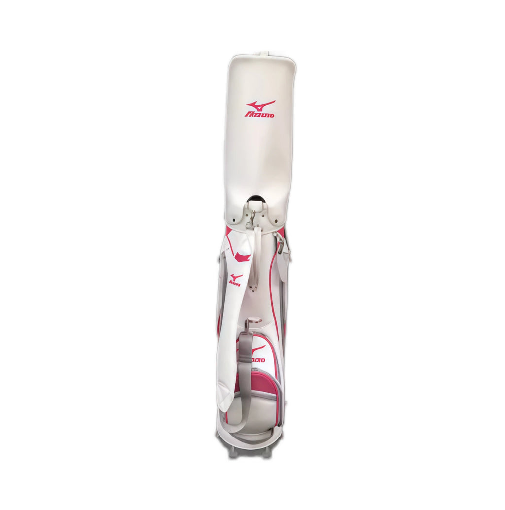 Rear perspective of the Mizuno BR-D3 Stand Bag highlighting the full-length protective hood with embroidered pink Runbird logo, padded back panel, adjustable dual-strap system, and reinforced stitching for durability.
