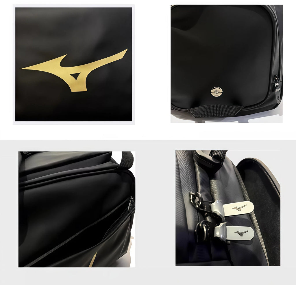Four-panel collage showcasing premium details of the Mizuno 39L Black Duffel Bag: large gold Runbird emblem, rubberized base protector against abrasion, smooth interior lining with zippered pockets, and heavy-duty metal clips with engraved logos for durability and style