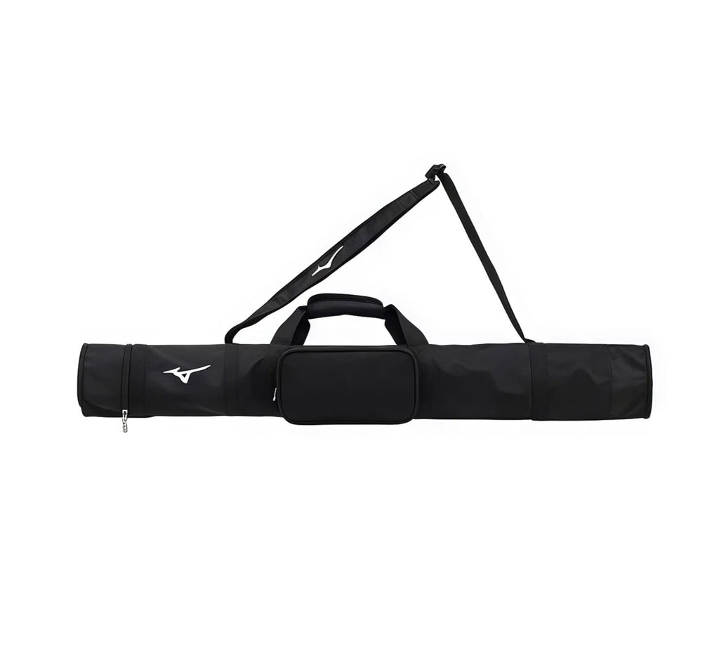 Front view of black Mizuno golf travel cover featuring a zippered front pocket, white Runbird logo on side, and padded top handle for carrying comfort.