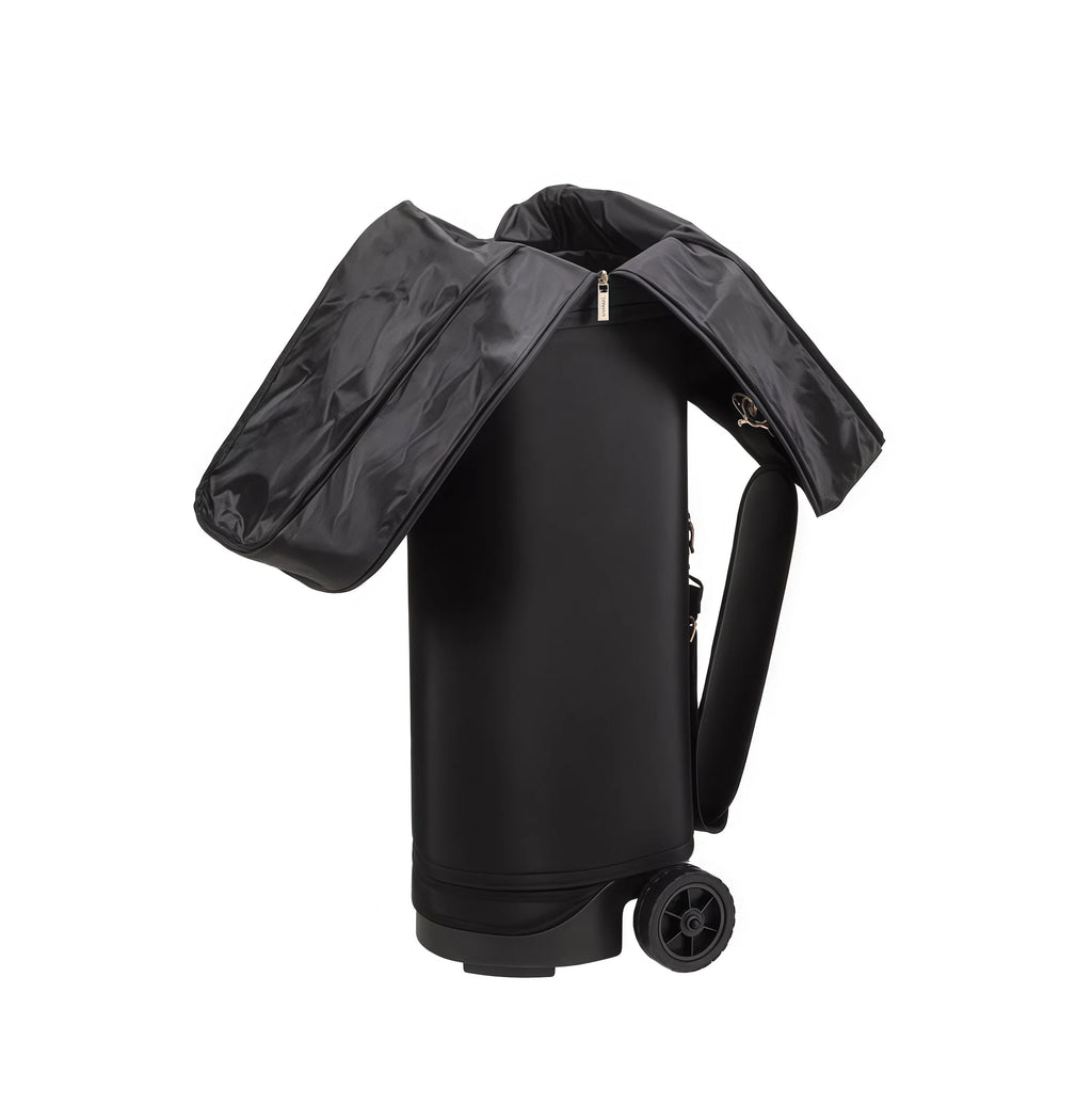 Open top view of Mizuno golf travel cover revealing spacious interior lining, zipper closure mechanism, and foldable lid design to protect clubs during transit.