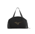 Front view of the black Mizuno gym duffel bag featuring a gold embroidered logo, dual top handles, and durable fabric construction for everyday fitness use.