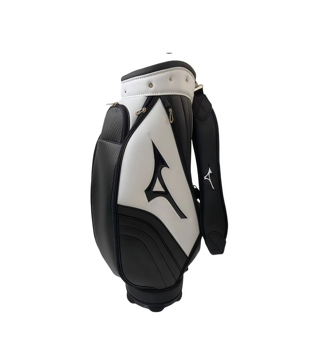 Close-up top view inside the Mizuno Pro Cart Bag revealing the 4-way club divider system with mesh-lined compartments, designed to organize irons, woods, and putter while preventing club chatter.