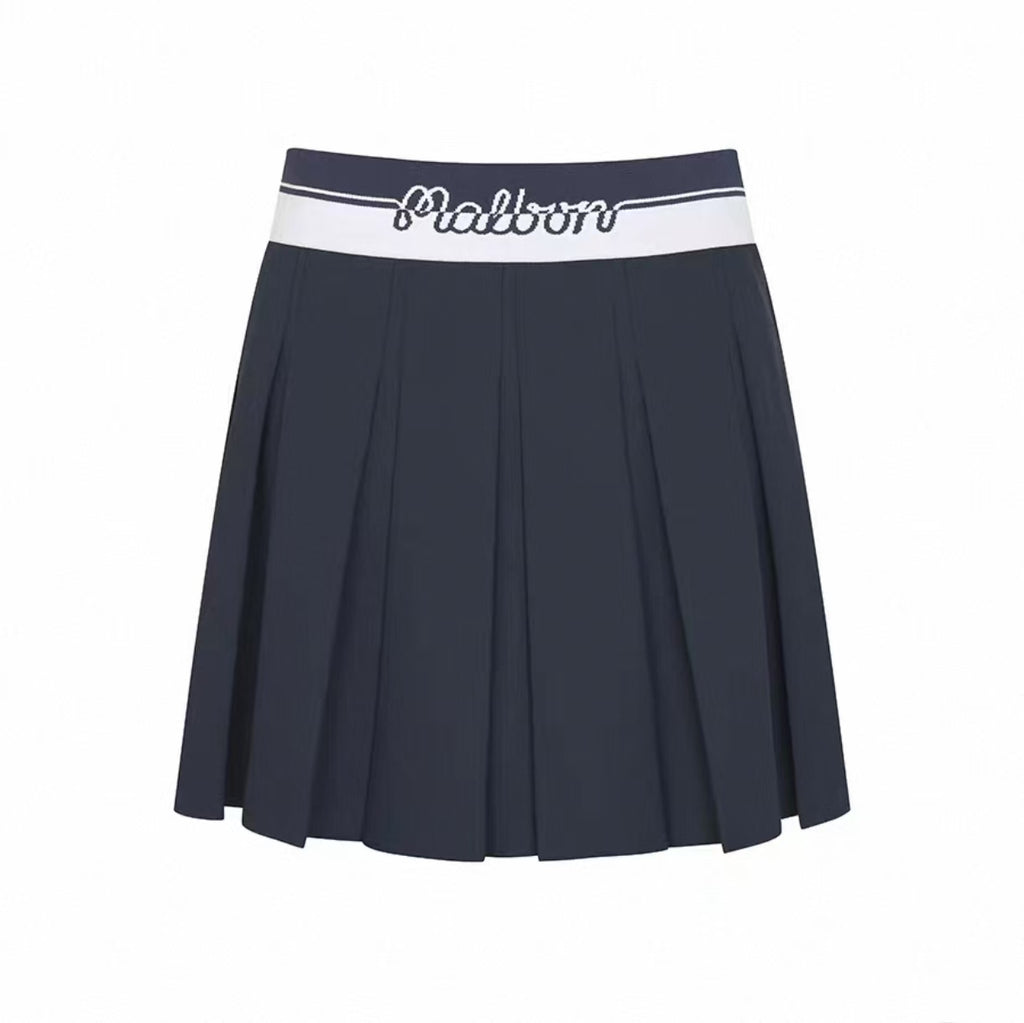 Malbon Studio Seoul Logo Banding Pleated Skirt Navy Blue pleated golf skirt detail view
