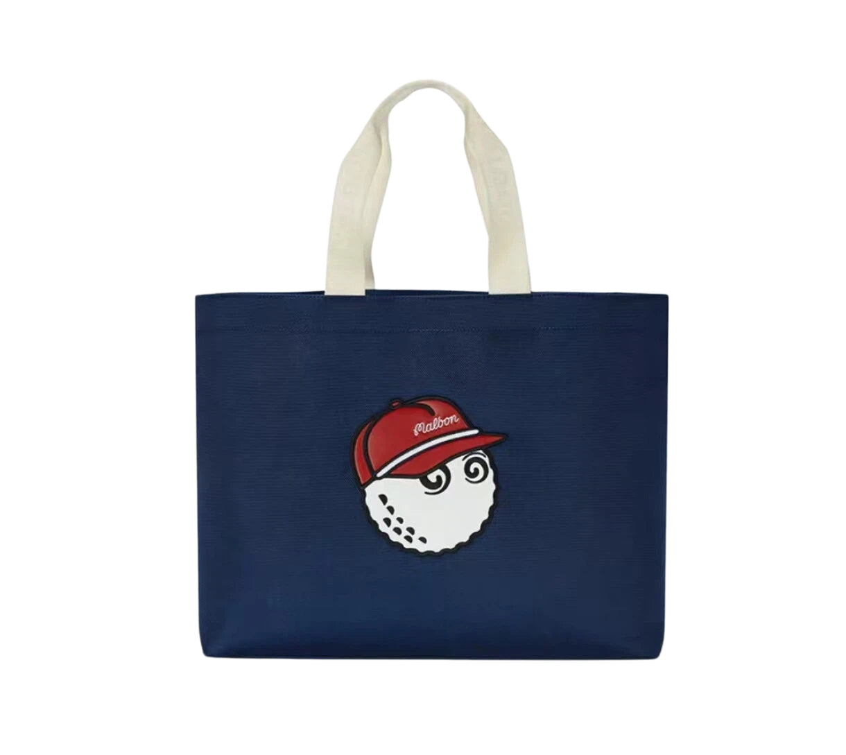 Navy blue Malbon Golf tote bag featuring a cute cartoon golf ball character in a red cap with "Malbon" logo, perfect for golf gear and daily essentials.