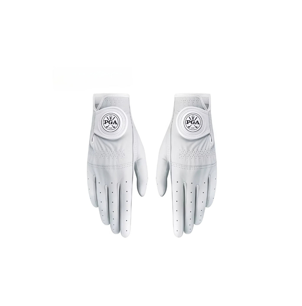 A pair of white PGA women's golf gloves made of genuine leather, featuring a classic round logo on the wrist strap, perforated fingers for breathability, and a durable design for superior grip.
