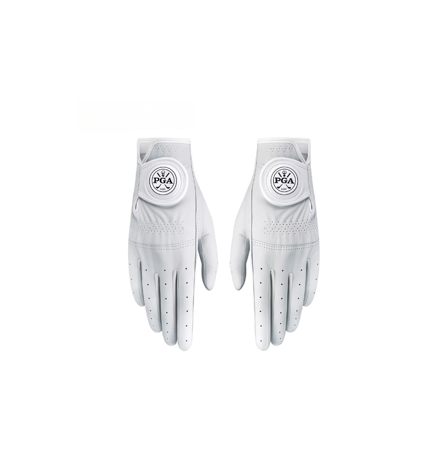 A pair of white PGA women's golf gloves made of genuine leather, featuring a classic round logo on the wrist strap, perforated fingers for breathability, and a durable design for superior grip.
