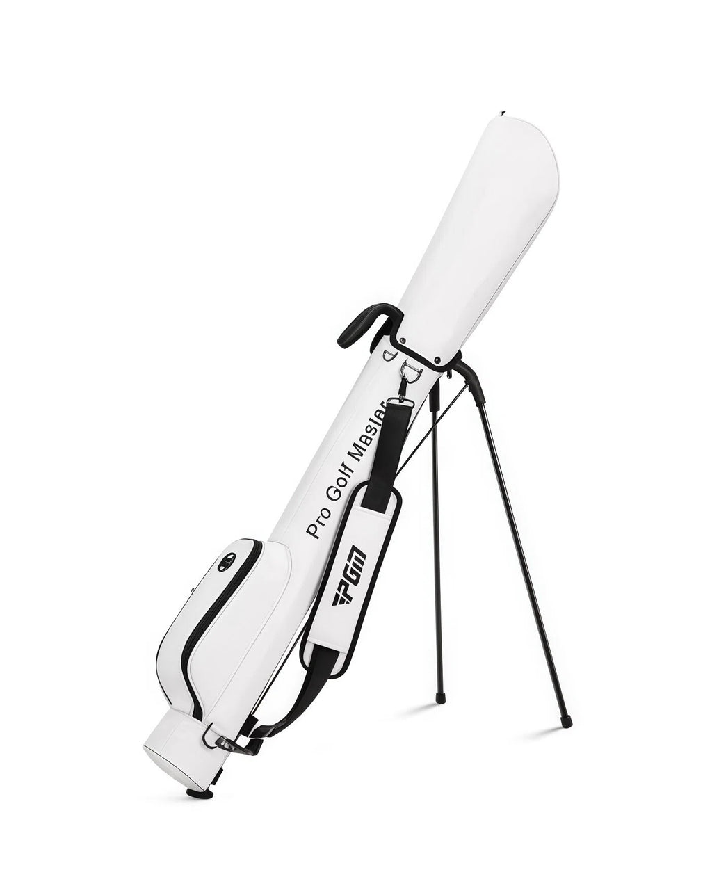 White PGM women’s ultra-light stand golf bag with black accents and tripod support. Sleek, modern design suitable for all weather conditions.