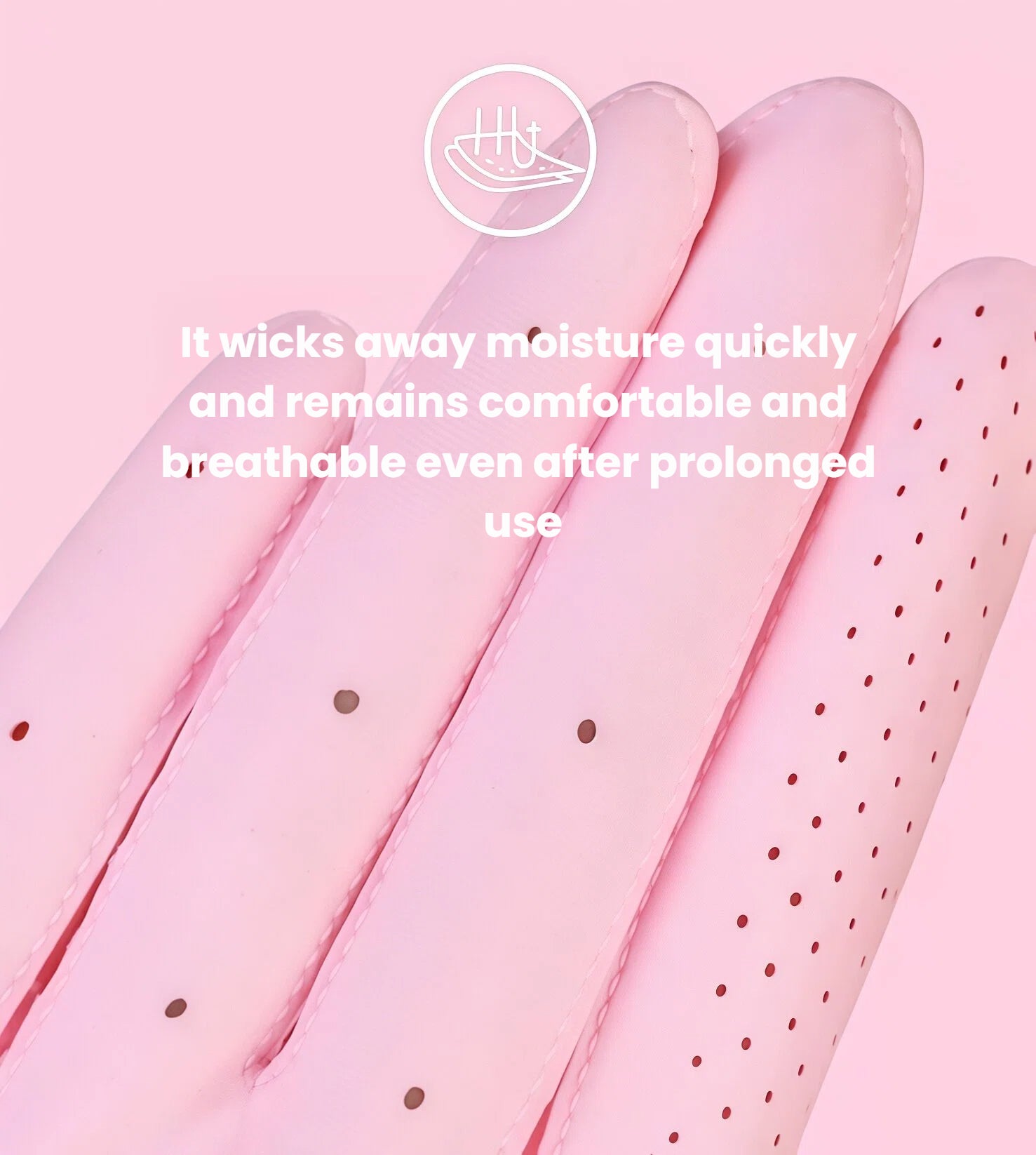  Detail of the pink PGM golf glove, showing the perforated fabric on the fingers. This design quickly wicks away moisture, keeping the hand comfortable and breathable even after prolonged use.