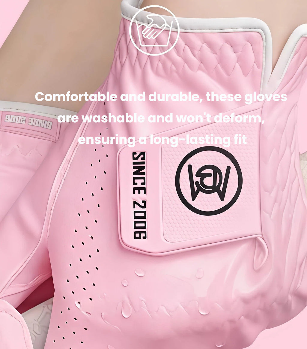 A close-up of the back of the pink PGM women's golf glove, demonstrating its durable, washable material. Water droplets are shown on the surface, highlighting that the glove won't deform and ensures a long-lasting fit.